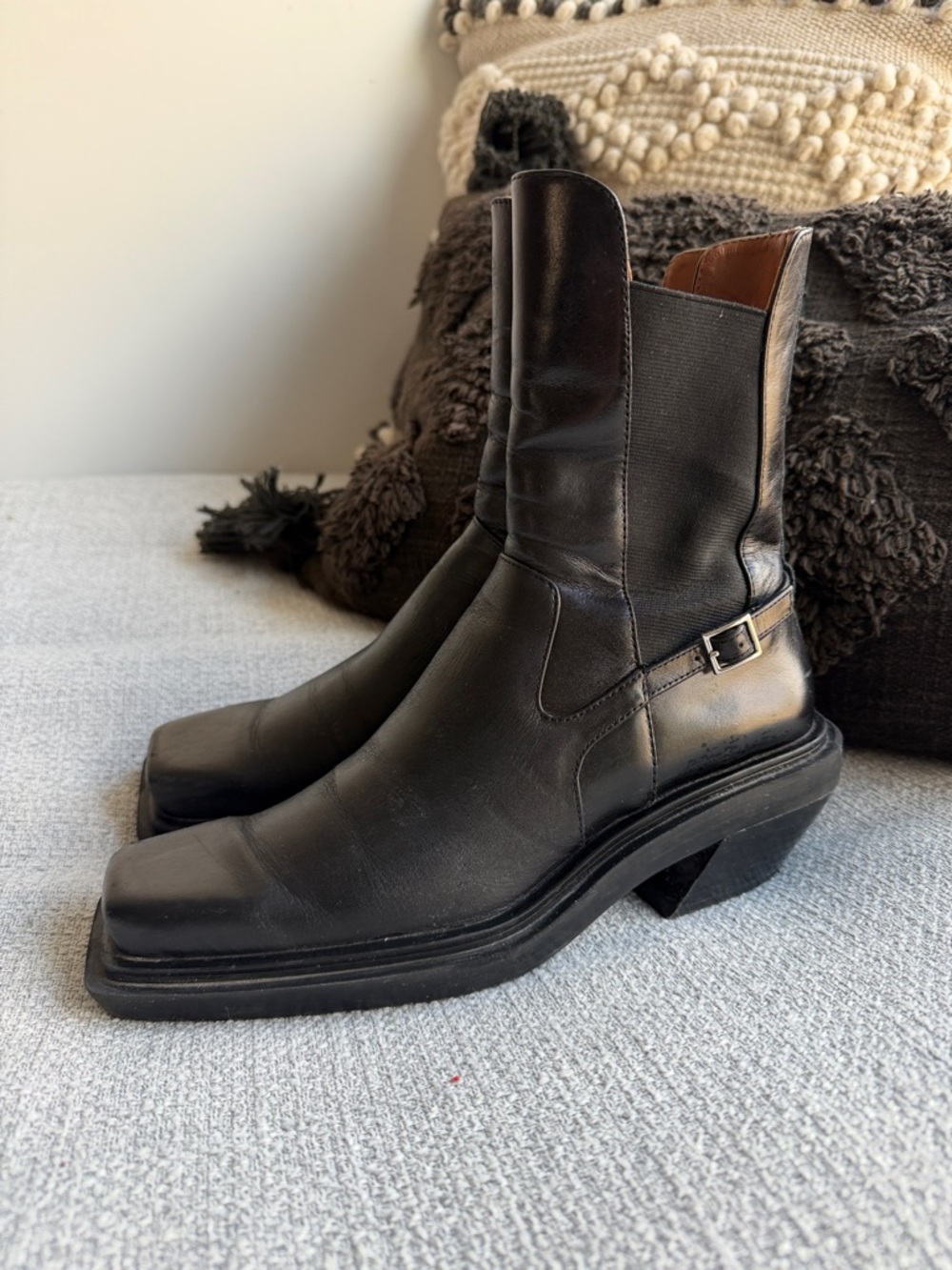 Zara-Black Leather Square-Toe Western Ankle Boots